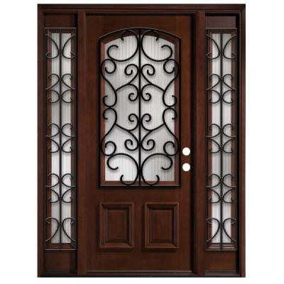 68 in. x 80 in. Iron Grille 3/4- Arch Lite Stained Mahogany Wood with Sidelites