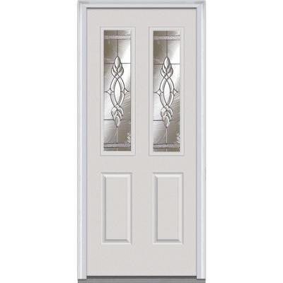 36 in. x 80 in. Brentwood Decorative Glass 2 Lite 2-Panel Primed White Builder's Choice Steel Prehung Front Door