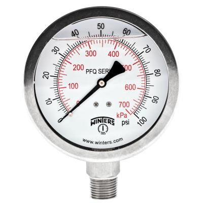 PFQ Series 4 in. Stainless Steel Liquid Filled Case Pressure Gauge with 1/2 in. NPT LM and Range of 0-100 psi/kPa