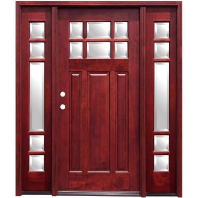 70 in. x 80 in. Craftsman 6 Lite Stained Mahogany Wood Prehung Front Door with 14 in. Sidelites