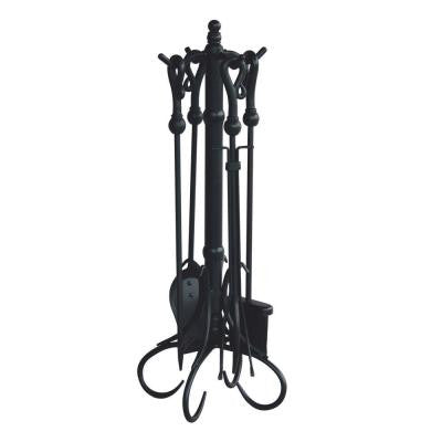 Black Wrought Iron 5-Piece Fireplace Tool Set with Crook Handles
