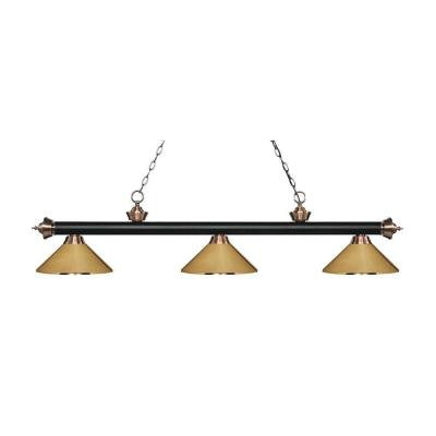 Platon 3-Light Matte Black and Antique Copper Island Light with Polished Brass Shades