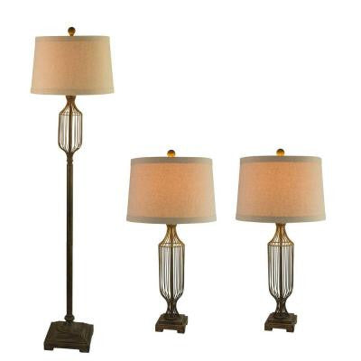 3-Piece Antique Beige Metal Wire Lamp Set