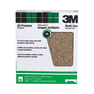 9 in. x 11 in. 36 Grit Extra Coarse Aluminum Oxide Sandpaper ((15-Pack) (Case of 10))