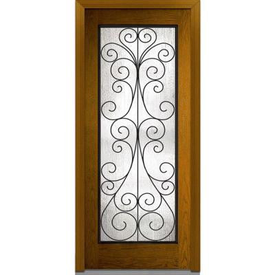 32 in. x 80 in. Camelia Decorative Glass Full Lite Finished Oak Fiberglass Prehung Front Door