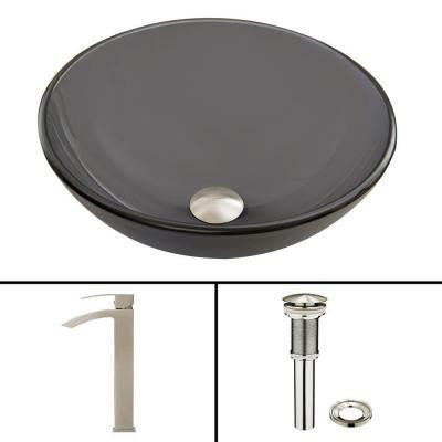Glass Vessel Sink in Sheer Black Frost and Duris Faucet Set in Brushed Nickel