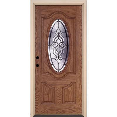 37.5 in. x 81.625 in. Lakewood Patina 3/4 Oval Lite Stained Medium Oak Fiberglass Prehung Front Door