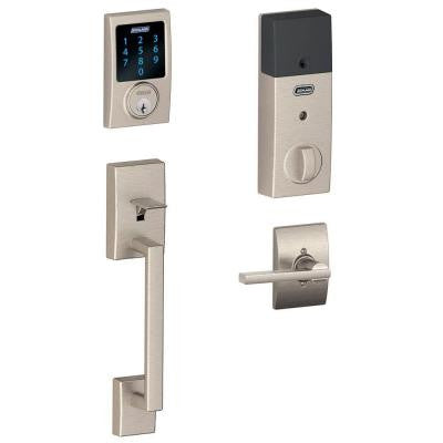 Connect Century Satin Nickel Touchscreen Deadbolt with Alarm and Handle Set with Latitude Interior Lever