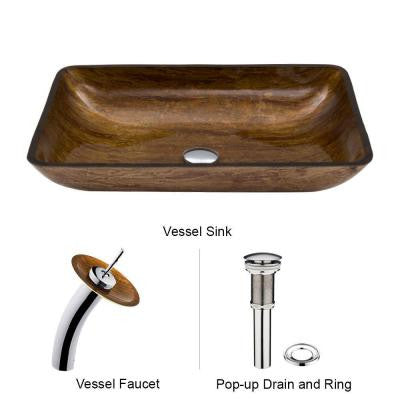 Rectangular Glass Vessel Sink in Amber Sunset with Waterfall Faucet Set in Chrome