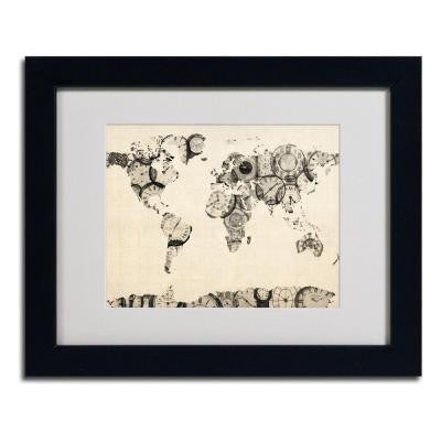 11 in. x 14 in. Old Clocks World Map Matted Framed Art