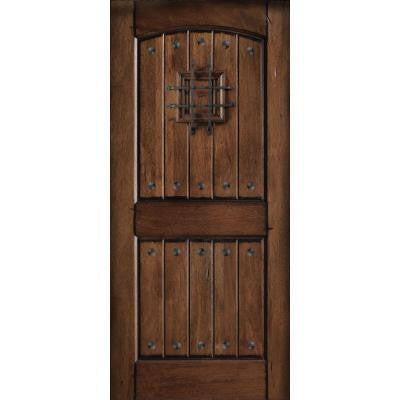 36 in. x 80 in. Rustic Mahogany Type Prefinished Distressed V-Groove Solid Wood Speakeasy Front Door Slab
