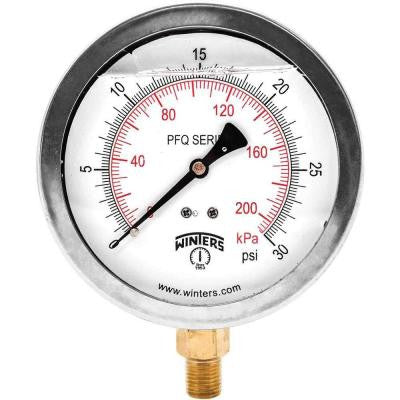 PFQ Series 4 in. Stainless Steel Liquid Filled Case Pressure Gauge with 1/4 in. NPT LM and Range of 0-30 psi/kPa