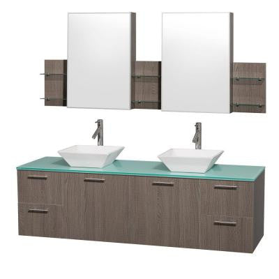 Amare 72 in. Double Vanity in Grey Oak with Glass Vanity Top in Aqua and White Porcelain Sinks