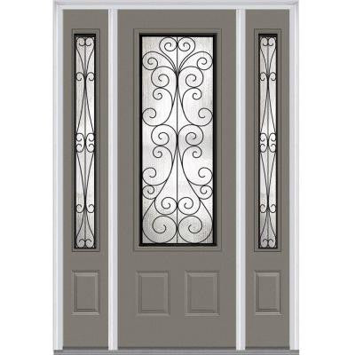 64 in. x 96 in. Camelia Decorative Glass 3/4-Lite Painted Fiberglass Smooth Prehung Front Door with Sidelites