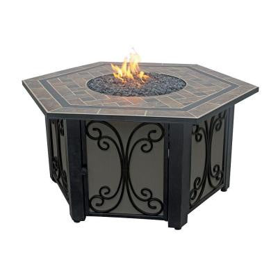 41 in. Hex LP Fire Pit with Slate Tile and Wrought Iron Panels