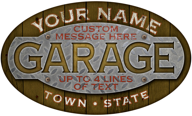 Personalized Garage Oval Signs Wood And Steel Design Digital