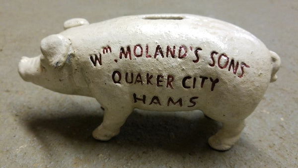 White Cast Iron Money Box Coin Bank Wm Moland's Sons Quaker City Hams Pig 