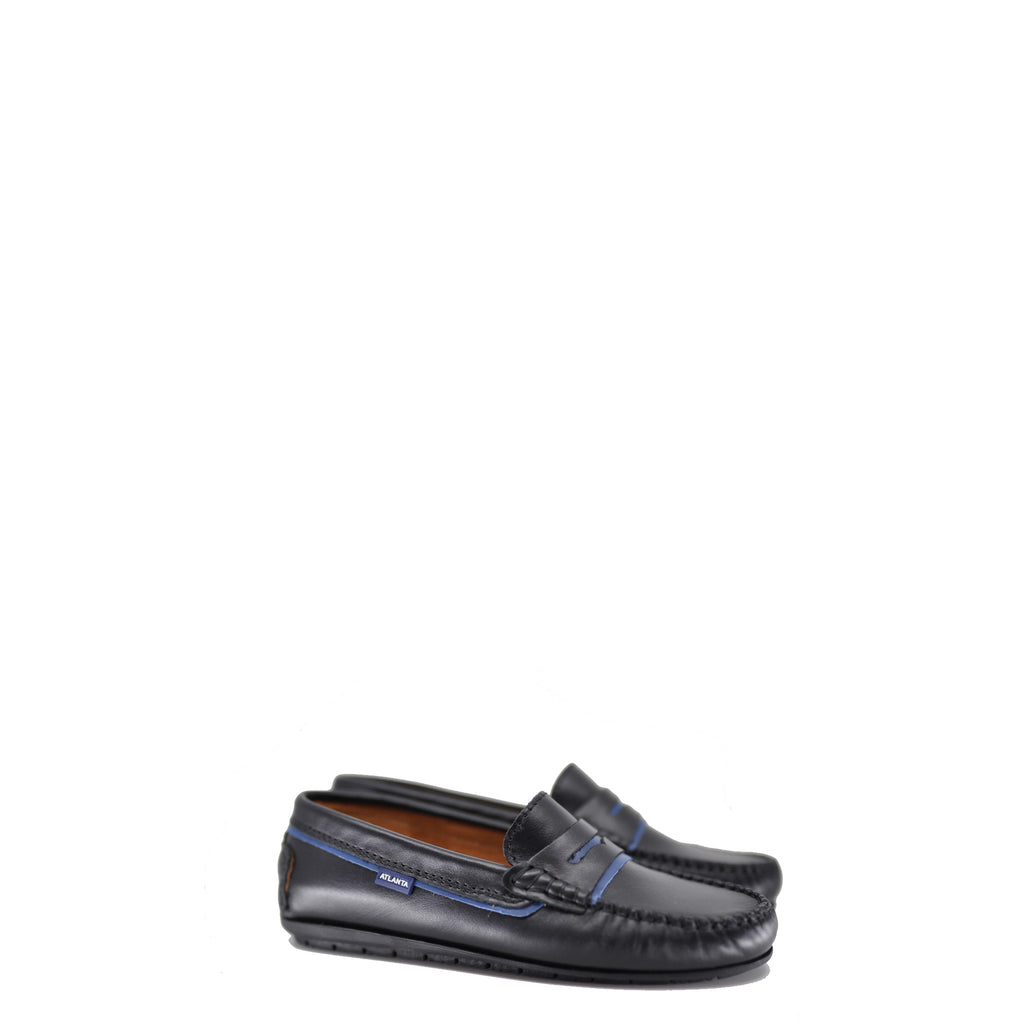 blue leather penny loafers