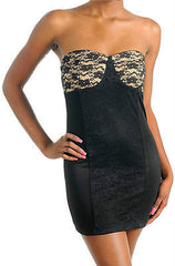Dress S M L Cocktail Lace Strapless Tube Panel Sexy Nude Mini New Black Woman