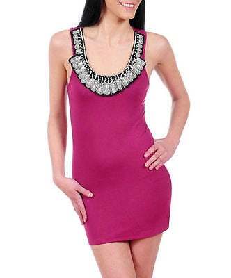 Dress S M L Mini Beaded Jewel Scoop Neckline Magenta Stretch Bodycon Sexy New