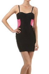 Dress S M L Bodycon Black Sateen Stretch Mini Hot Pink Fishnet Mesh Panel Club