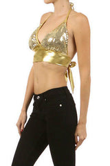 New Womens Crop Top Sequin Shiny Metallic Lame Sparkling Black Sexy Club S M L