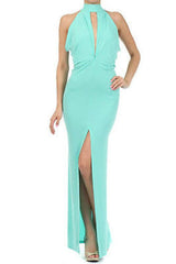 New S M L Maxi Dress Gown Women Black Halter Keyhole Thigh Slit Full Length Sexy