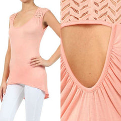 S M L Tank Top High Low Sleeveless Crochet Peach Keyhole Solid Spring Summer New