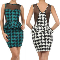 Houndstooth Dress S M L Cocktail Peplum Ruffle Sheer Mesh Sleeveless Mini Party