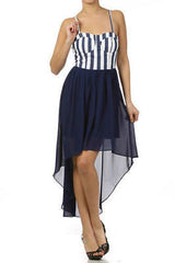 Dress S M L Striped Chiffon Hi Low Hem 2 IN 1 Casual Sheer Sweetheart Neckline