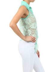 S M L Blouse Top Sheer Lace Mint Floral Collar Button Down Tie Hem Sleeveless