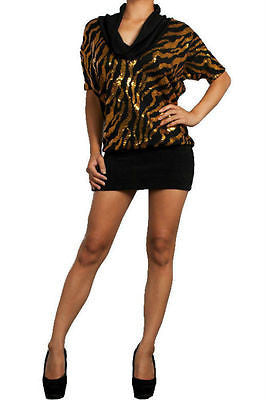 S M L Cowl Mini Sequin Dress Gold Black Animal Print Sparkling Knit Club Party