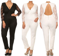 Plus Jumpsuit Lace Long Sleeve 1X 2X 3X Cut Out Open Back Solid Black Ivory Sexy