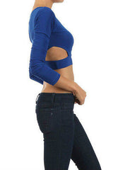 S M L Top Midriff Crop Cut Outs Exposed Solid Blue Red Long Sleeve New Sexy Hot