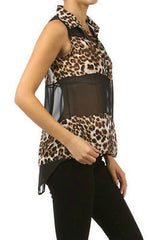 Size S M Top Chiffon Leopard Sheer Sleeveless Black High Low Hem New Sexy