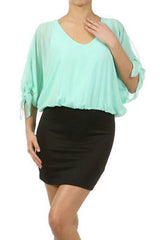 S M L Dress Chiffon Blouson Pastel Spring 2 IN 1 Slit Sleeves Mini Sheer New