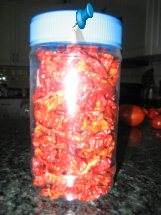 Dried Habaneros in a jar. Habaneros are easy to dry because they have relatively thin skin. Enjoy your Habs all year long.