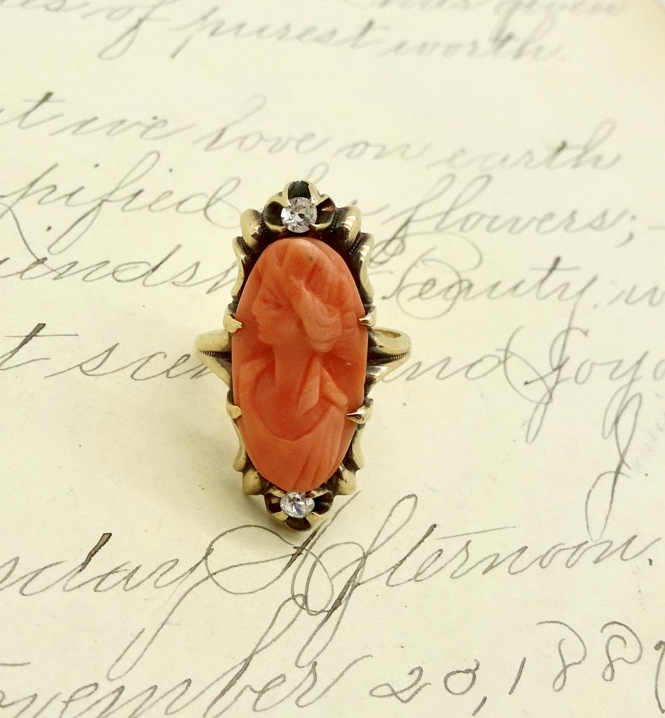 Antique 10K GOLD CORAL CAMEO RING Diamond Carved Coral Cameo Ring Size 4.75