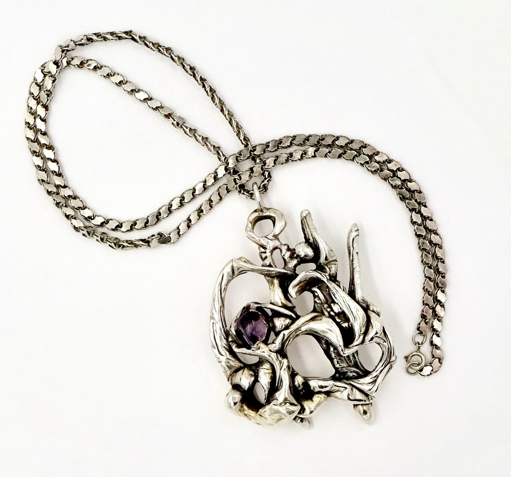 Brutalist Modernist Sterling Silver Amethyst Abstract Pendant Necklace