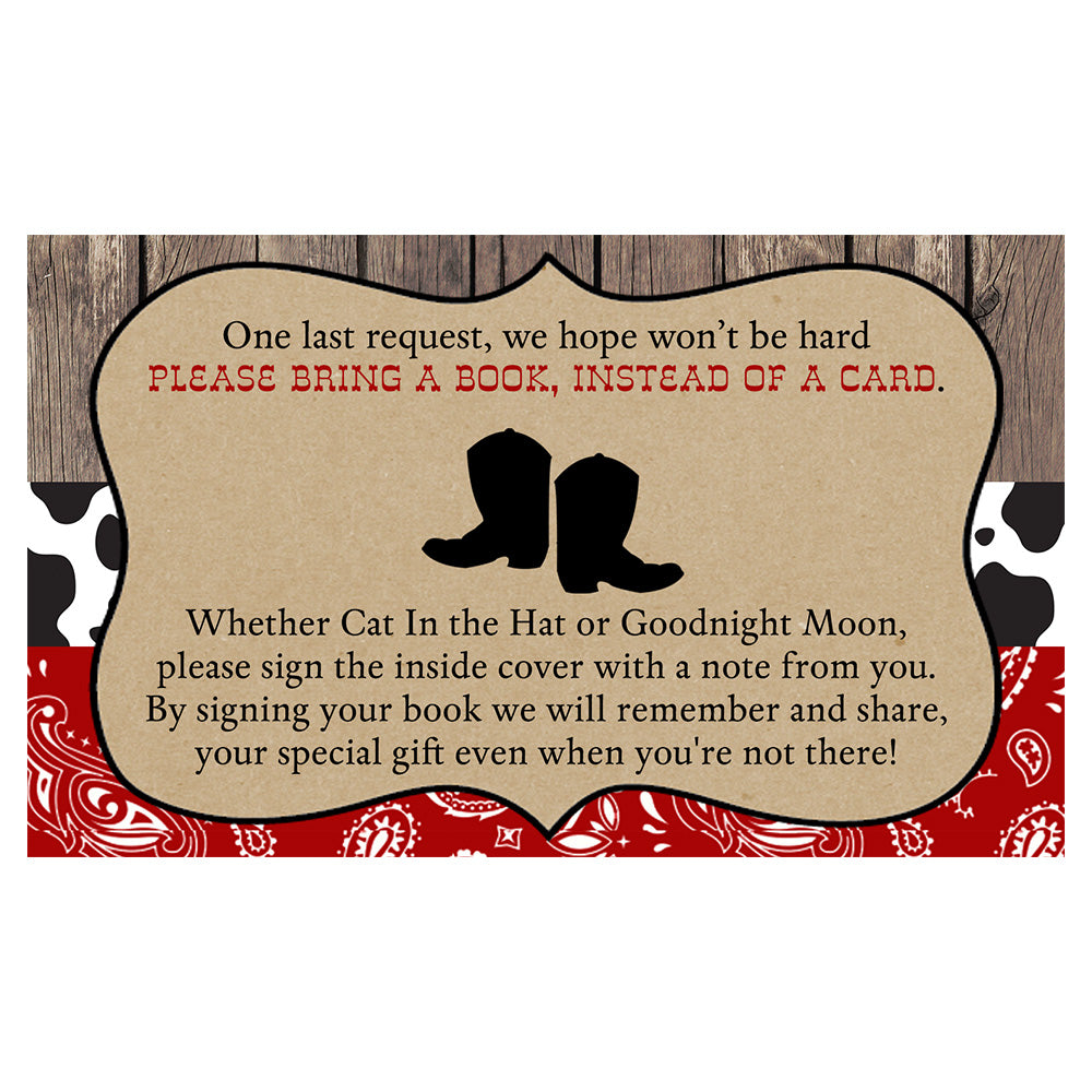 Beer Biscuit Melodramatisch Boots and Bandanas Baby Shower Bring a Book Insert – The Invite Lady