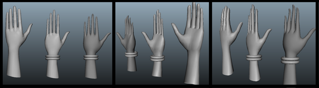 You can see here the iterations inside Maya, from the original model to the stylized one, and how notorious is the deformation, specially in the fingers.