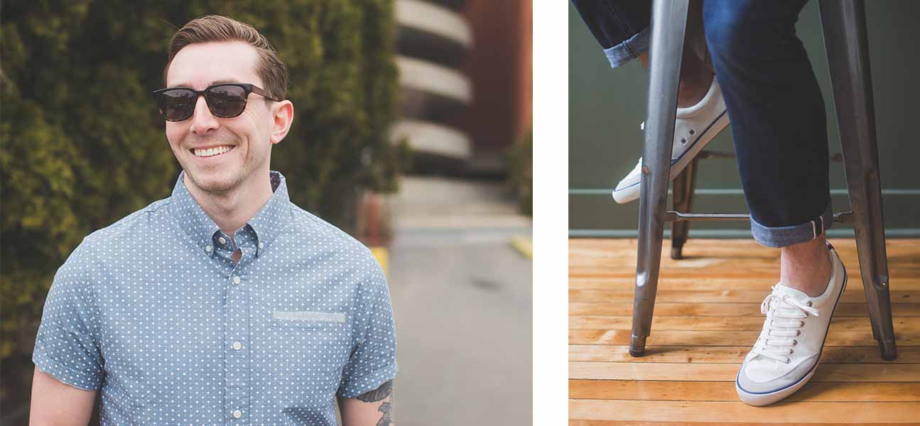 Man wearing Shwood sunglasses, United By Blue shirt, and Seavees shoes