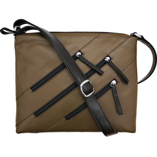 Leather Crossbody Bag with 3 Zippers - OliveBlack