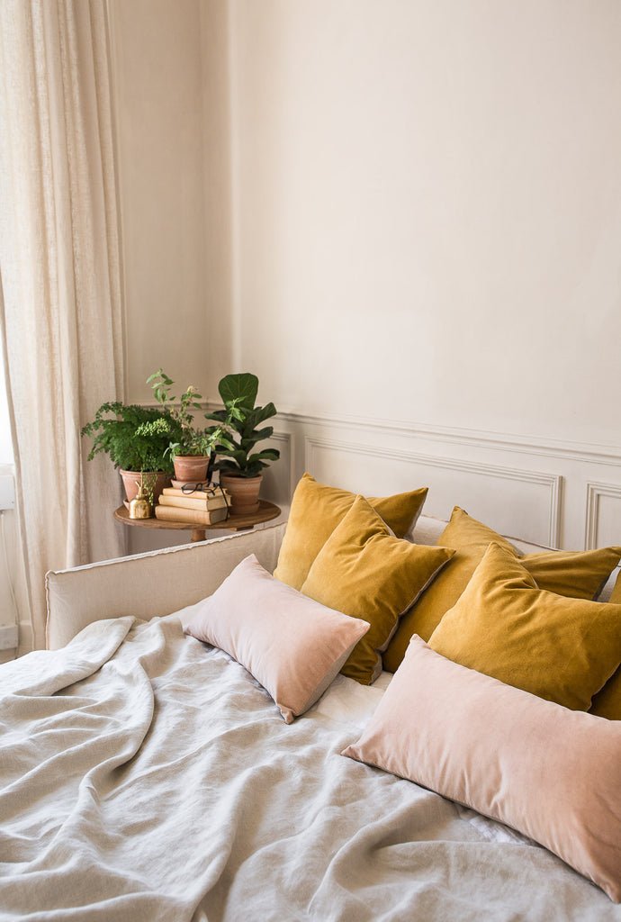 linen and velvet bedroom decor
