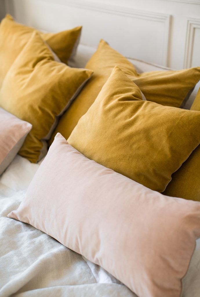 mustard yellow and pink velvet cushion covers 