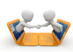 Two morph characters reaching out from their laptop screens to shake hands