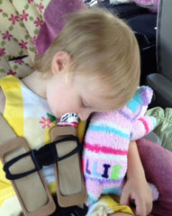Sleeping child with personalised Red Rufus stripy SockDog