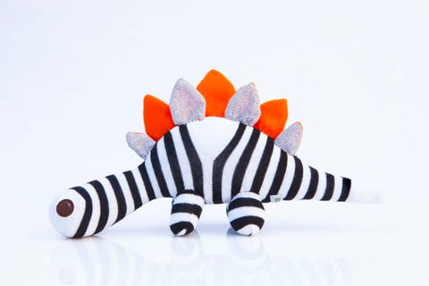Darcy SockDino, black and white stripes with orange spikes and felt eyes|Red Rufus