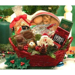 Holiday Cheer  This red holiday wicker tray bears the Holiday Cheer gift basket. Gourmet coffee, chocolates, cookies, and a festive holiday Santa planter deliver your holiday greeting in holiday style. 