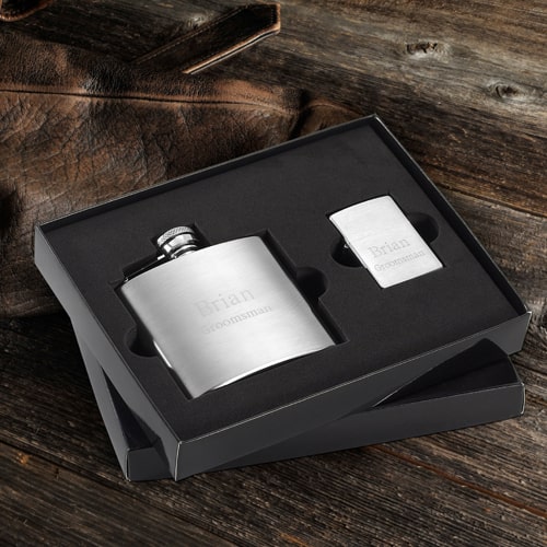 Brushed Flask and Zippo Set